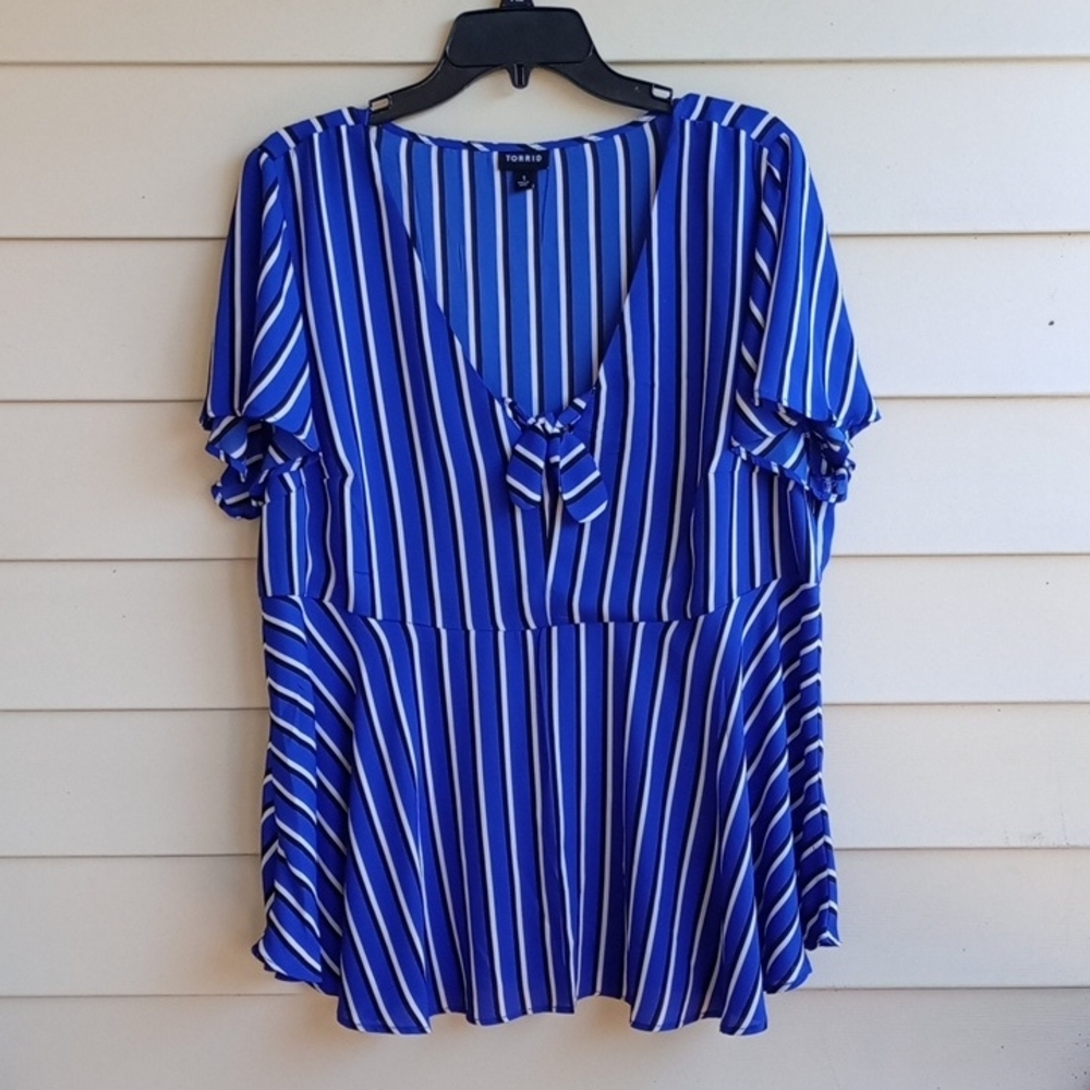 Torrid Blue and‎ White Striped V-Neck Blouse